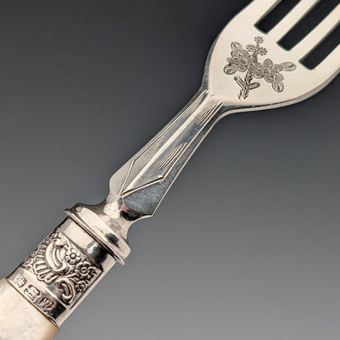 約 1890 年英國古董白色珍珠手柄純銀裝飾 6 對甜點餐具 Allen&Darwin